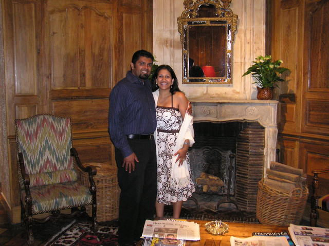 In front of the fireplace at our charming hotel