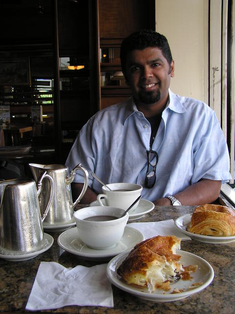 Manish with our typical morning meal -